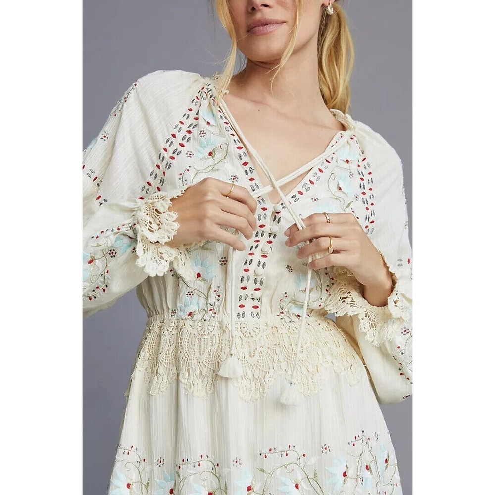 New By Anthropologie Lace Tunic Dress Embroidered Ivory size XXS $248 NWT